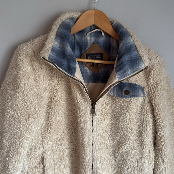 Pendleton Sherpa Jacket Ivory Blue Flannel Fuzzy Gorpcore Nature Small - Picture 4 of 10